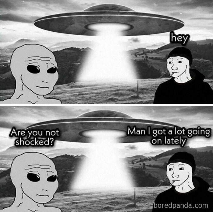 Philosophy meme with aliens discussing existential challenges near a UFO.