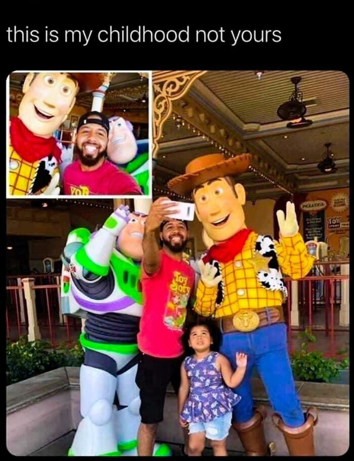 Man and child posing with Woody and Buzz Lightyear characters, a funny meme reflecting childhood moments for meme lovers.