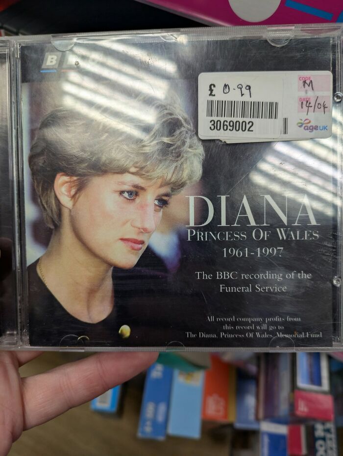 CD of Diana, Princess of Wales, found in a secondhand shop, priced at £0.99, featuring her 1961-1997 funeral service.