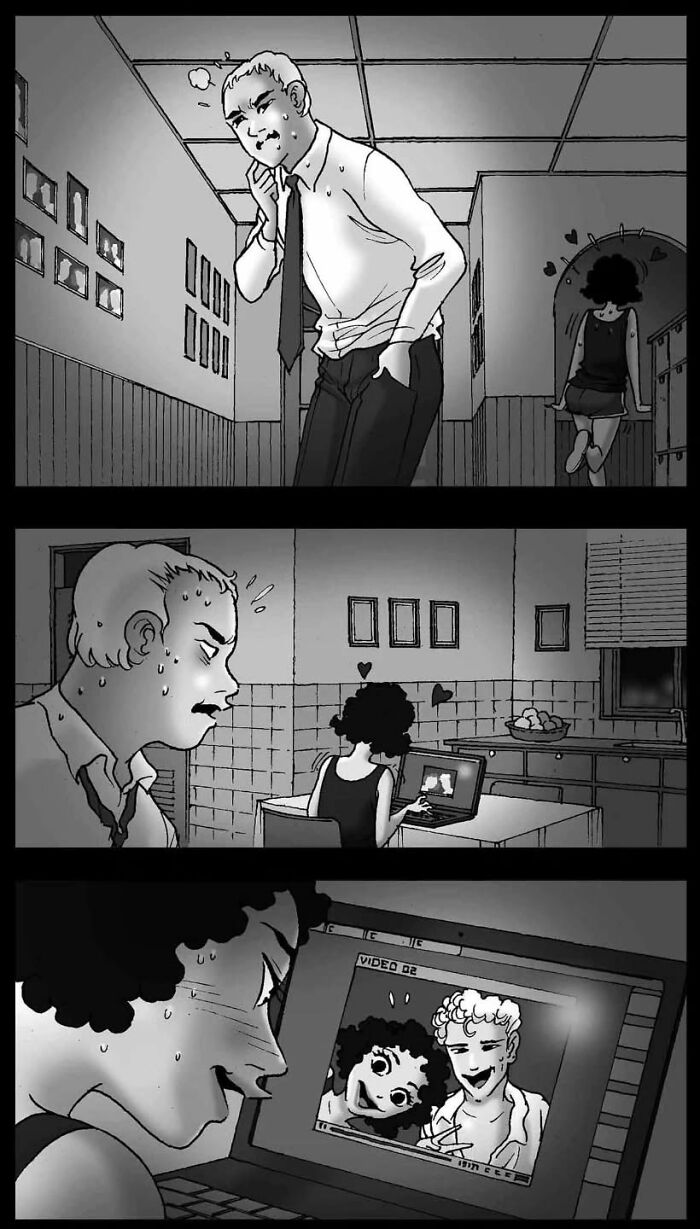 Comic strip from DarkBox Comics showing a man watching a woman on a computer, expressing suspense and mystery.