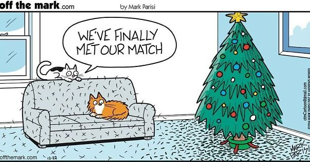 Two cats on a couch with a Christmas tree, featured in a humorous cartoon about life with a cat.
