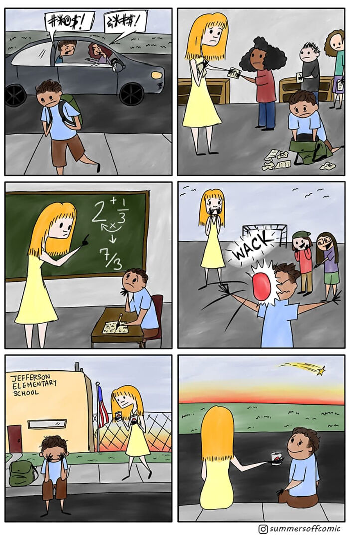 Comic of a teacher and student sharing funny classroom moments outside school, with a sunset in the background.
