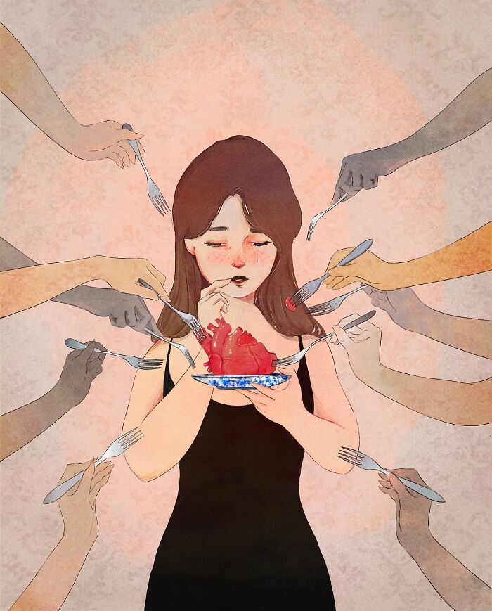 Giulia Rosa illustration of a woman holding a heart on a plate, surrounded by hands with forks.