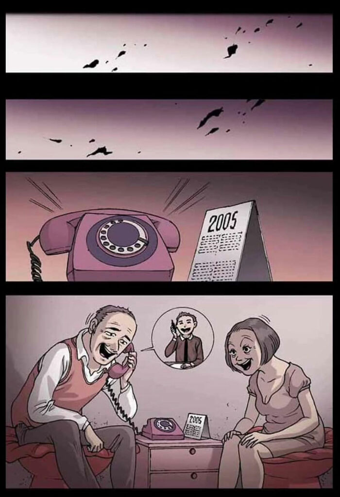 Silent horror comic by DarkBox Comics: couples talking on a vintage phone with a 2005 calendar beside them.