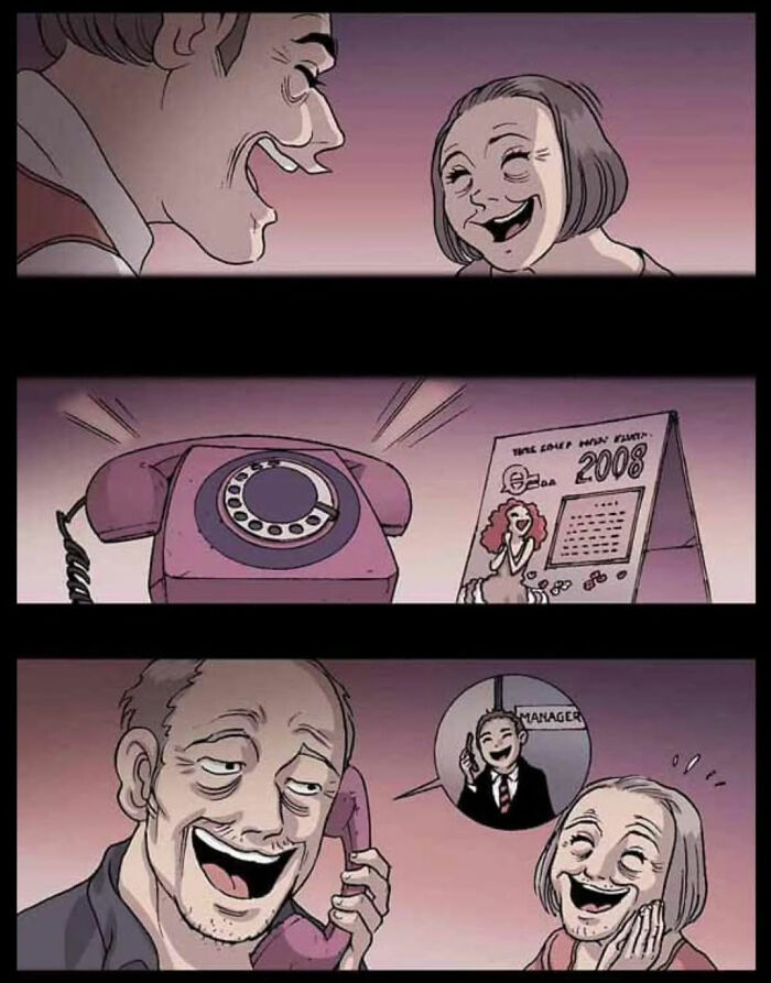 Comic strip depicting a couple talking on the phone with a calendar marked 2008, part of DarkBox Comics' silent horror stories.