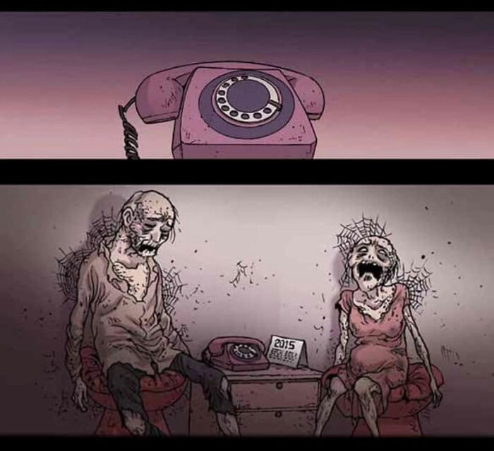 Silent horror comic showing eerie elderly figures by a vintage phone, dated 2015, crafted by DarkBox Comics.