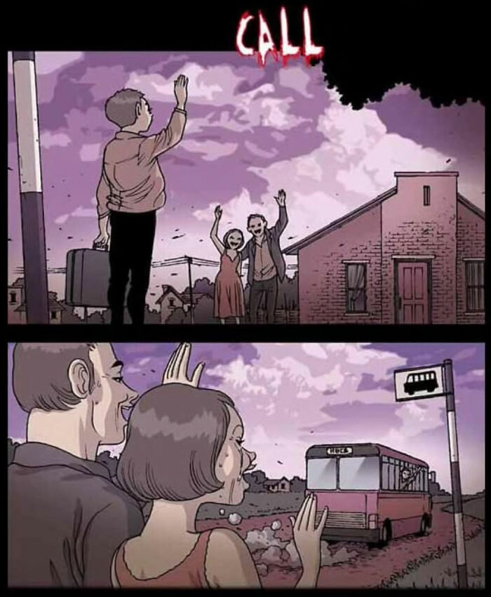 A silent horror comics scene with a man waving goodbye, a couple in the background, and a bus departing.