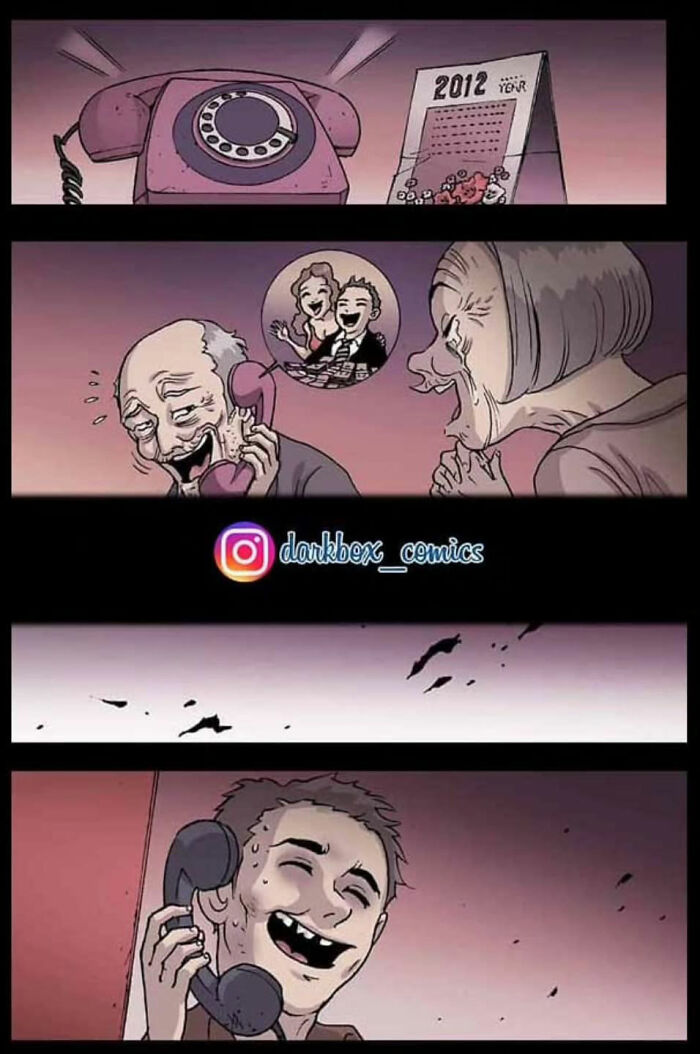 Eerie comic strip by DarkBox Comics featuring a phone call and unsettling characters.