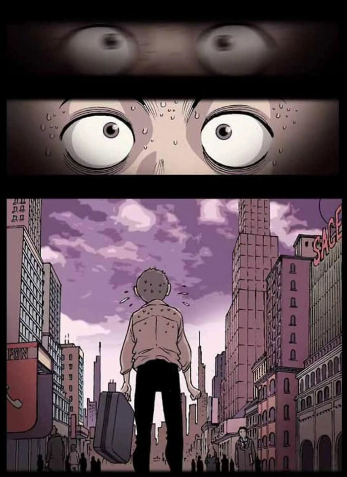 Man in a city street, looking concerned, with sweat on his forehead. Silent horror scene from DarkBox Comics.