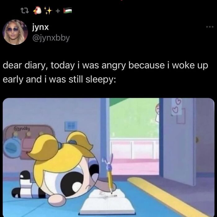 A cartoon character writing angrily in a diary, capturing a funny, relatable meme moment about waking up early and feeling sleepy.