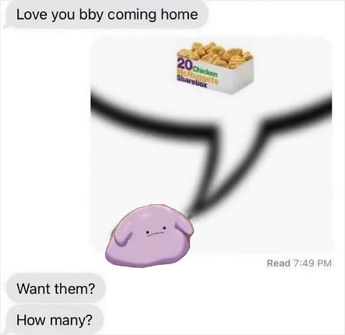 Funny meme of a text exchange about chicken nuggets, with a confused cartoon blob.