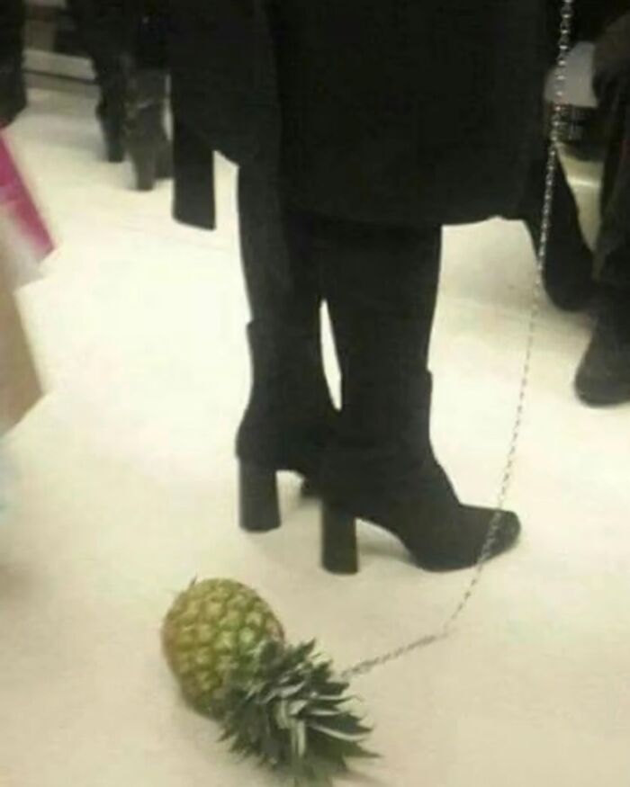 Person in black boots using a chain to walk a pineapple, a humorous and random image shared on Instagram.