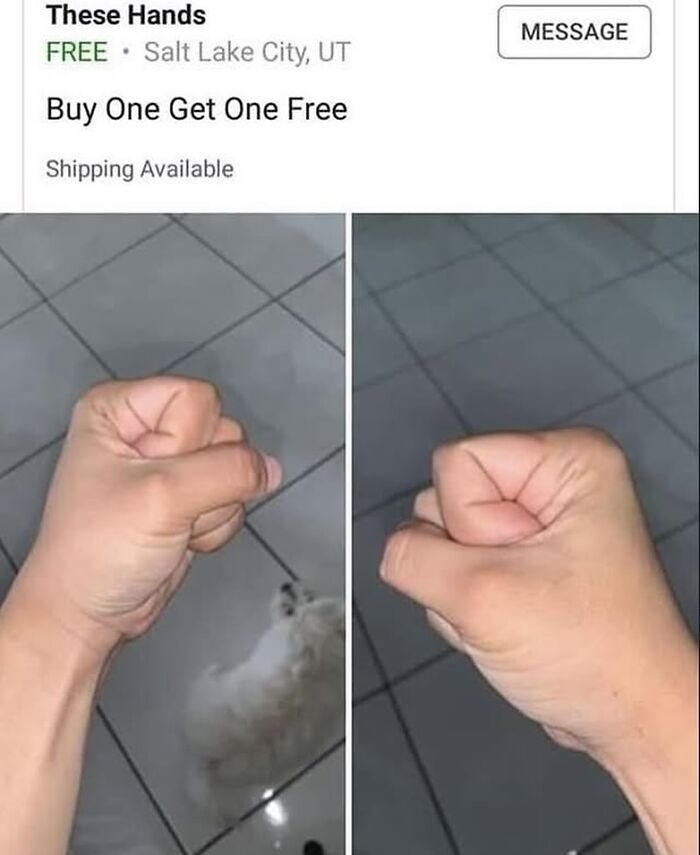 Fists on tiled floor in a funny Instagram post offering "Buy One Get One Free" hand deal.