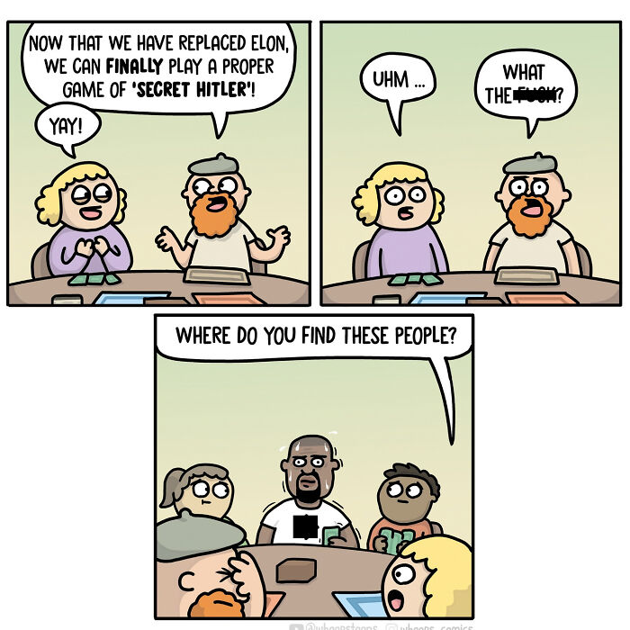 Cartoon by Norwegian artist depicting a humorous take on social commentary with characters playing a board game.