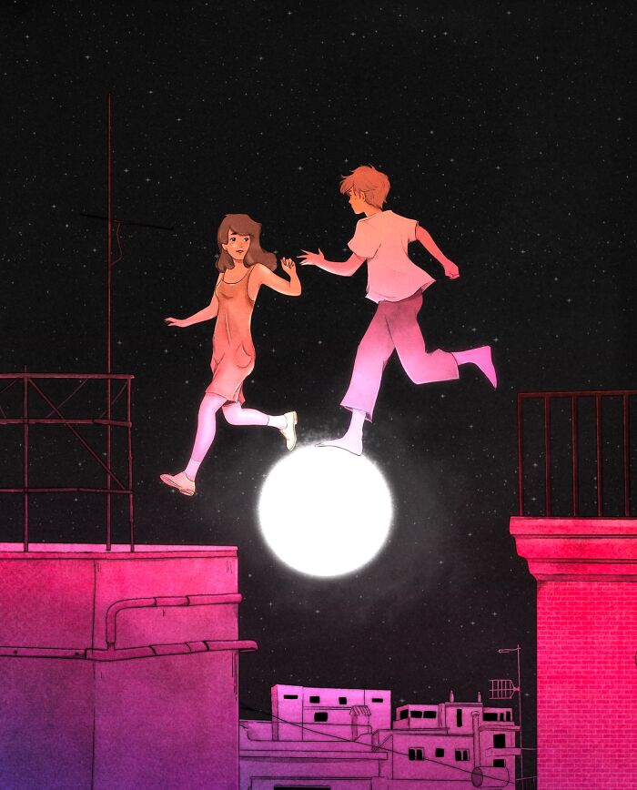 Two figures dancing atop a glowing moon, illustrating emotions in a dreamy night scene by Giulia Rosa.