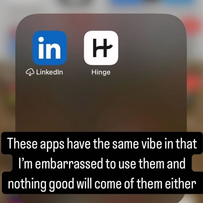 Funny meme comparing LinkedIn and Hinge apps with text about their similar vibes.
