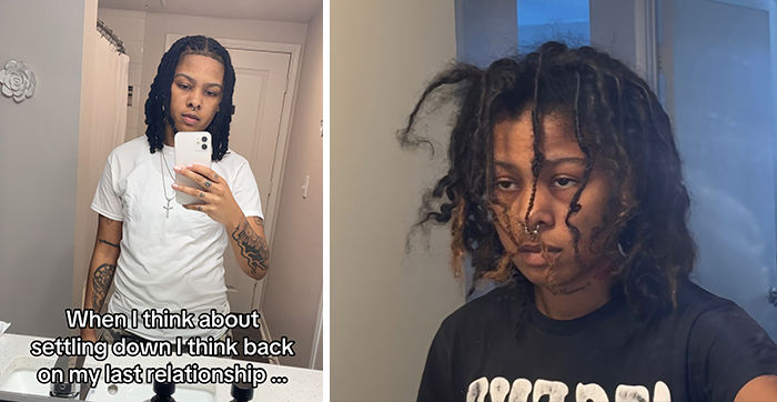 Person taking selfies showing their appearance single vs. in a relationship, wearing casual clothes in a bathroom setting.