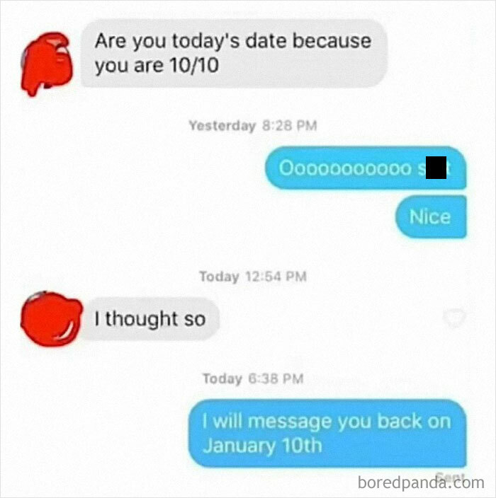 Text conversation meme with a cheeky 10/10 pickup line and humorous January 10th reply.