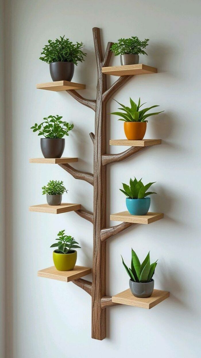 Woodworking ideas wall shelf shaped like a tree branch holding colorful potted plants in a modern interior.