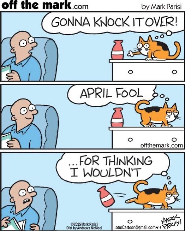 Cat humor cartoon by artist Mark Parisi, features a cat contemplating knocking over a bottle.