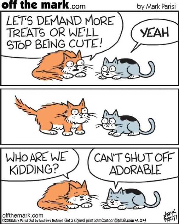 Funny cartoon of two cats planning to demand more treats by threatening to stop being cute.
