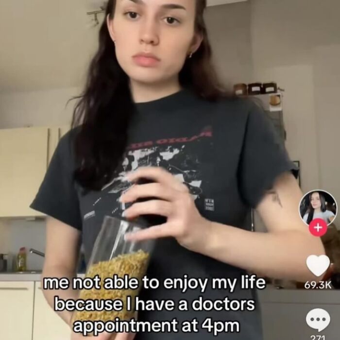 Young person looking unamused, holding a jar in a kitchen, with relatable meme text about a doctor's appointment.