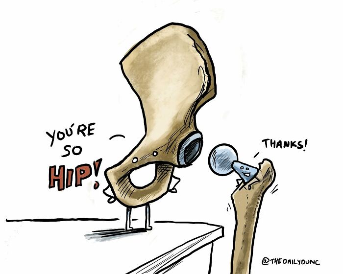 Funny comic illustration featuring animated hip bones with speech bubbles, part of new hilarious comics by The Daily Dunc.
