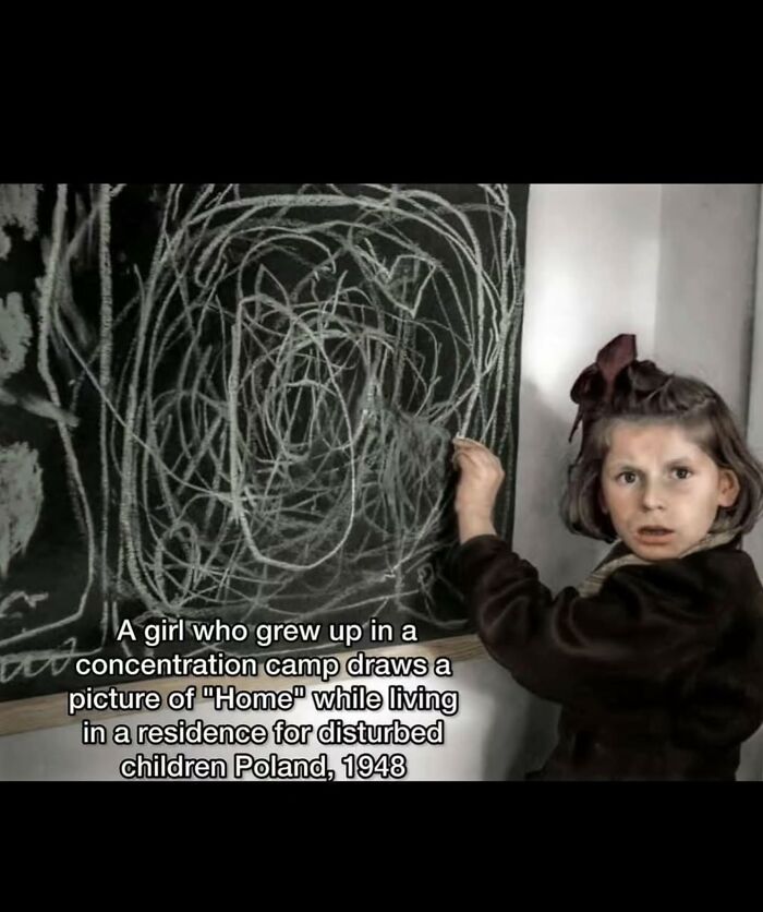 A girl drawing on a chalkboard in 1948 Poland, reflecting on spooky facts about our world and disturbed childhoods.