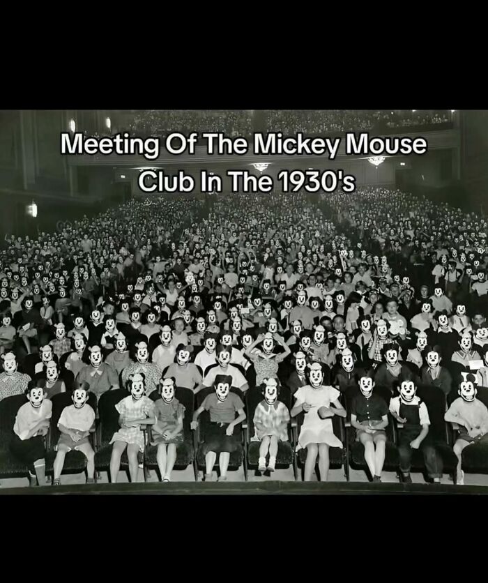Large black and white 1930s crowd photo with edited spooky Mickey Mouse faces, illustrating spooky facts about our world.