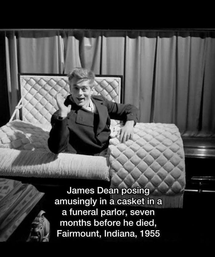 Black and white photo of a man posing in a casket, illustrating spooky facts about our world and eerie moments.