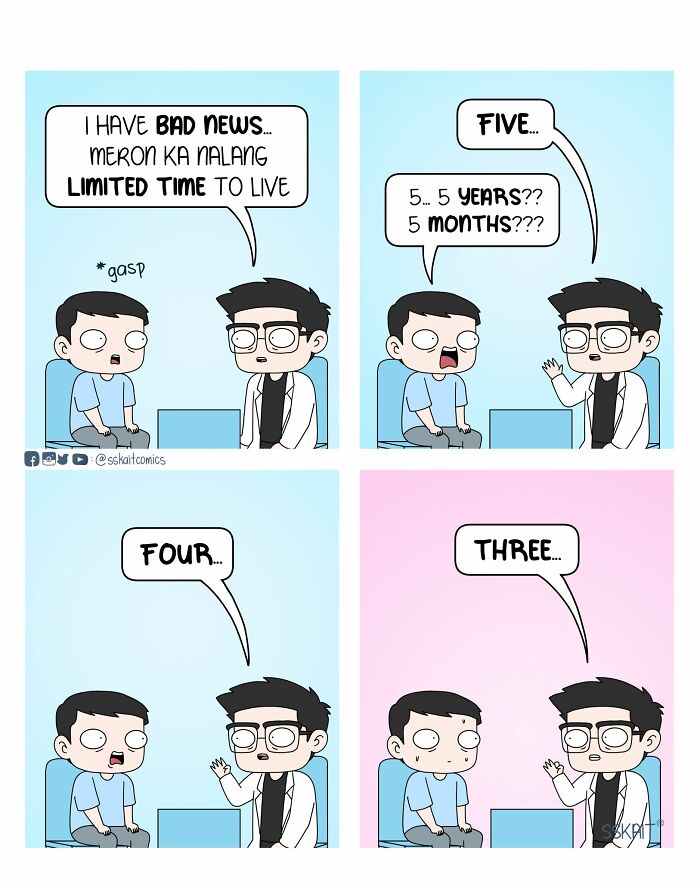 Comic strip humorously capturing Filipino humor with a doctor delivering a countdown to a surprised patient.