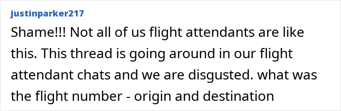 Text from a flight attendant condemning a colleague's behavior towards a disabled woman, discussing in chats. Text from a flight attendant condemning a colleague's behavior towards a disabled woman, discussing in chats.