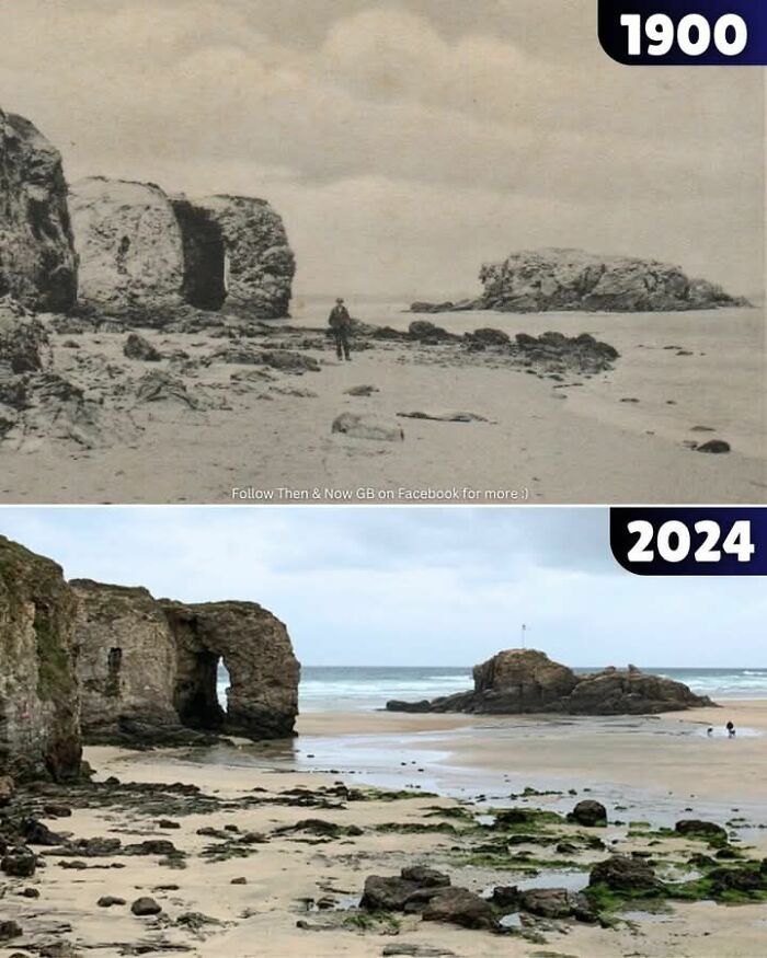 Comparison of beach landscape in old photo from 1900 and a recent photo from 2024 shared by history enthusiasts.
