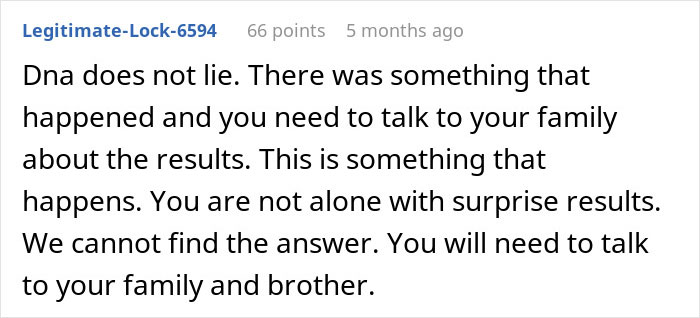 Comment discussing unexpected family DNA results and advice to consult with family for answers.