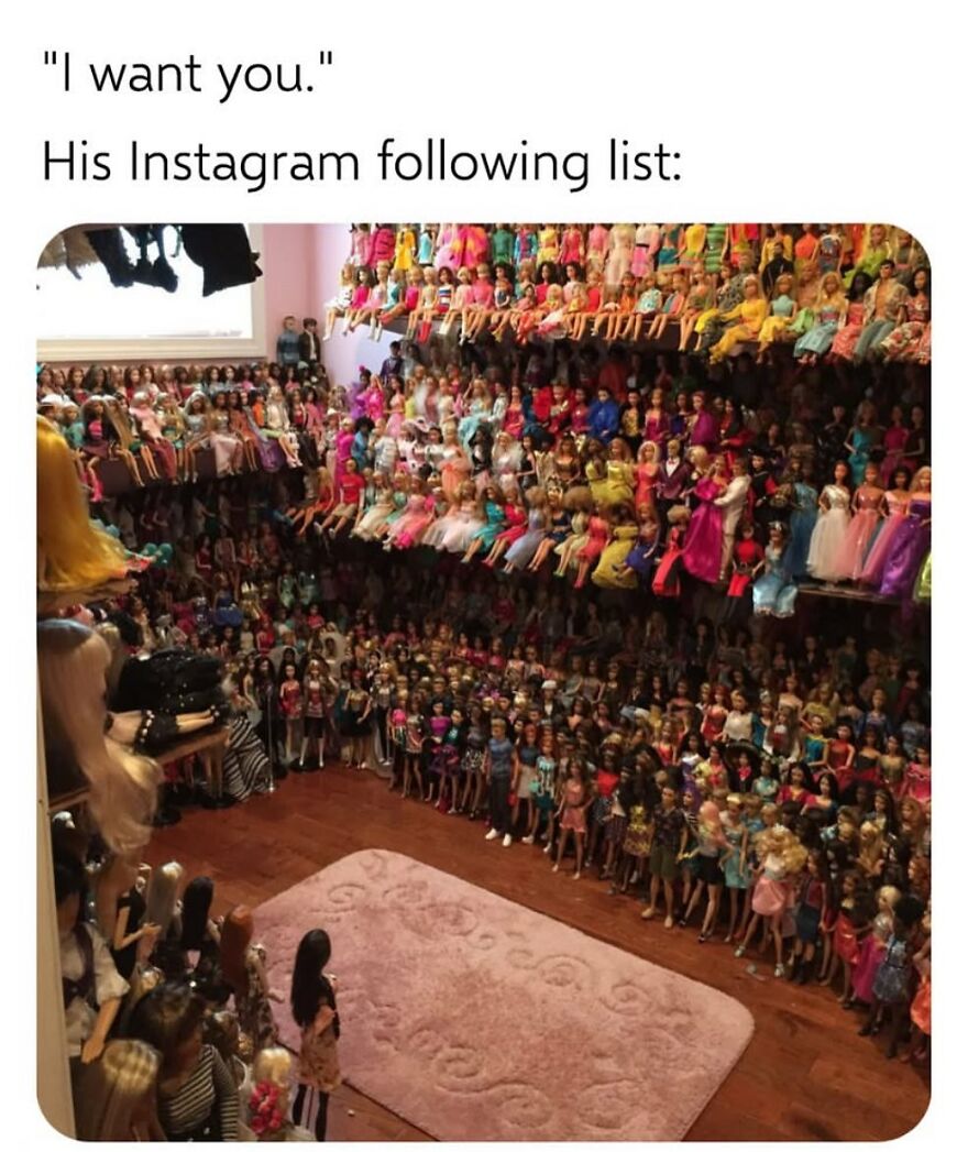 Collection of dolls humorously captioned about Instagram following, relating to "girl posts" memes.