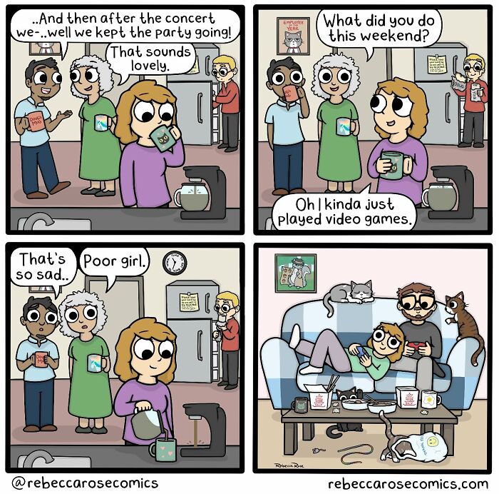 Cartoonist illustrates everyday awkwardness in relatable comic scenes with characters chatting and relaxing at home.