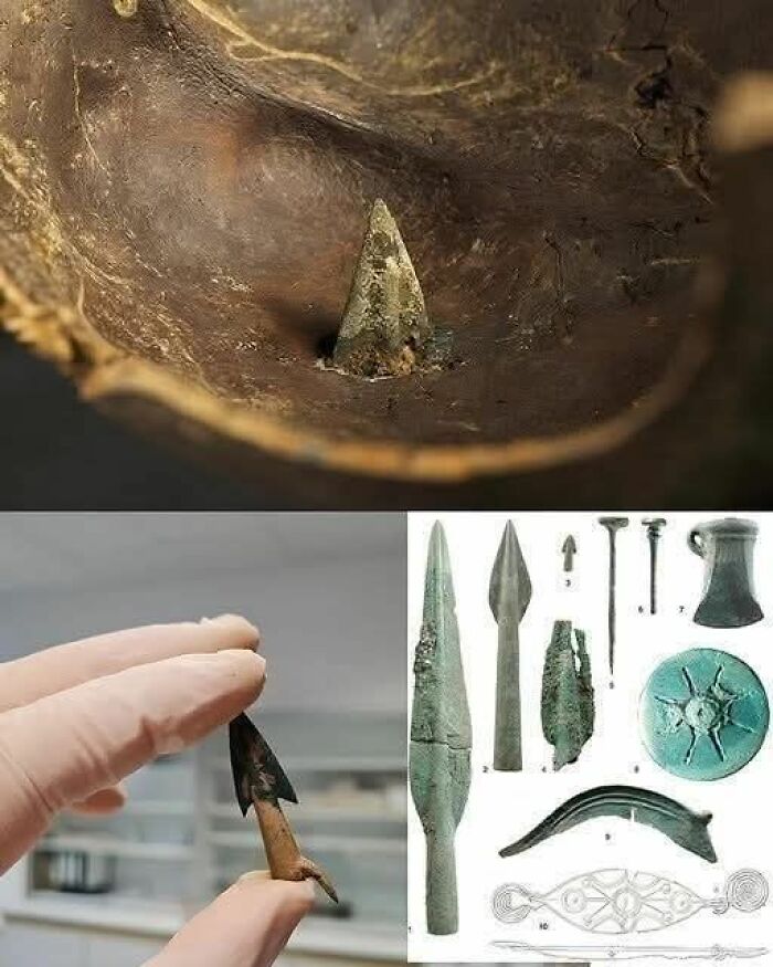 Ancient bronze arrowheads and artifacts from archaeology news, displayed and handled with gloves for preservation.