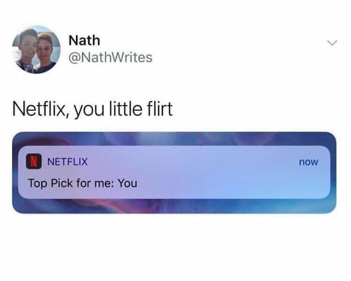 Twitter user jokes Netflix is a flirt showing a notification labeled Top Pick for me: You in a funny meme.