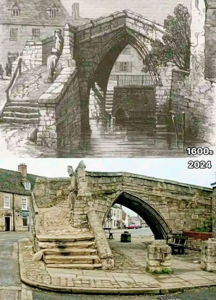 Stone arch bridge from the 1600s compared to its preserved state in 2024, showcasing archaeology and architecture history.