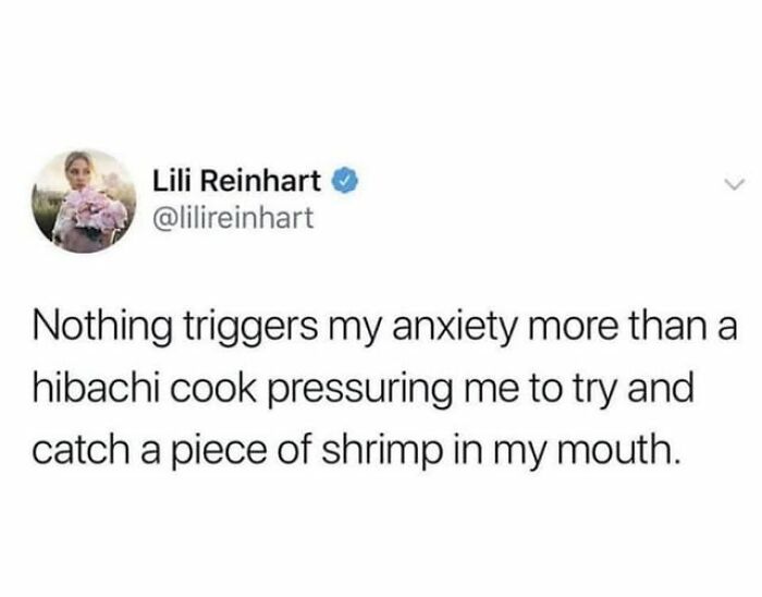 Tweet about anxiety from hibachi cooks pressuring to catch shrimp, featured in daily laughs memes to improve your day.