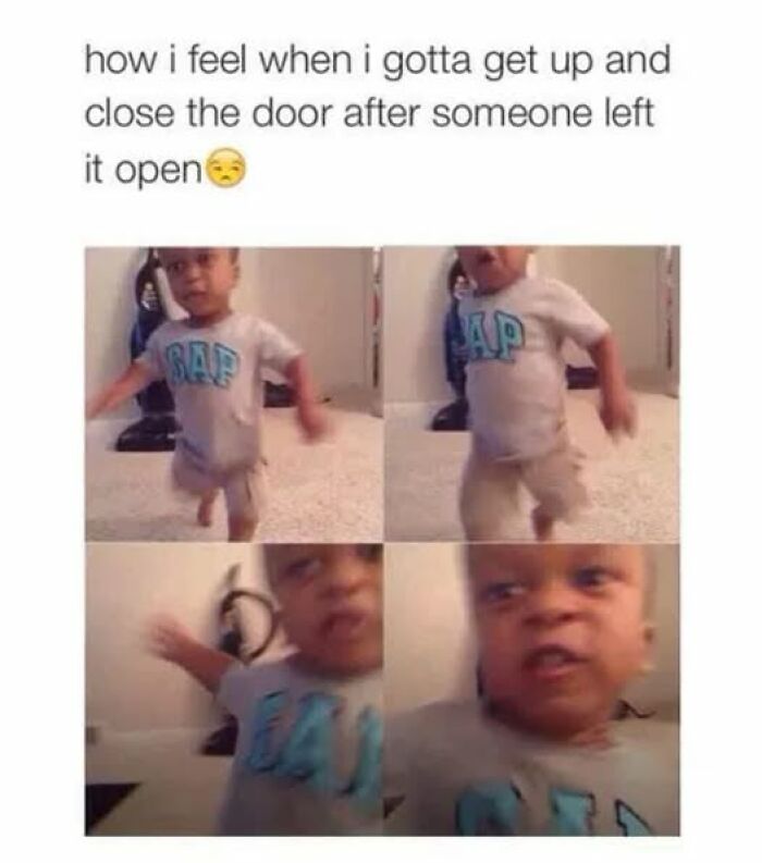 Toddler expressing frustration in four-panel meme, illustrating everyday annoyances for daily laughs and meme enjoyment.