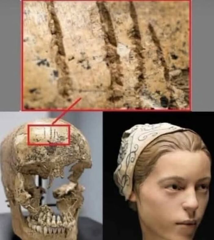 Close-up of ancient skull markings and a digital reconstruction of a young woman’s face from archaeology news.