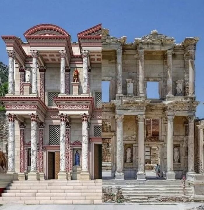 Restored ancient facade showcasing detailed architecture and archaeological preservation at a historical site under clear sky.