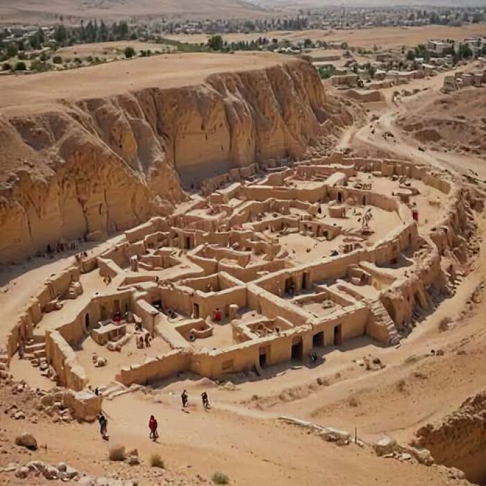 Ancient archaeological site with exposed ruins and complex architecture in a desert landscape, showing excavation and preservation.