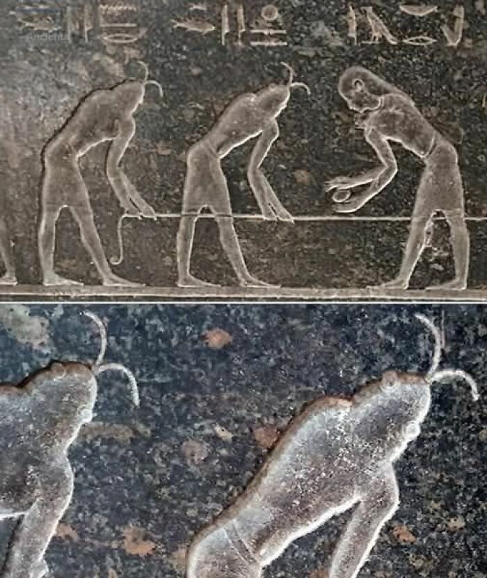 Ancient carved stone relief depicting three figures playing a board game, from archaeology news and architecture.