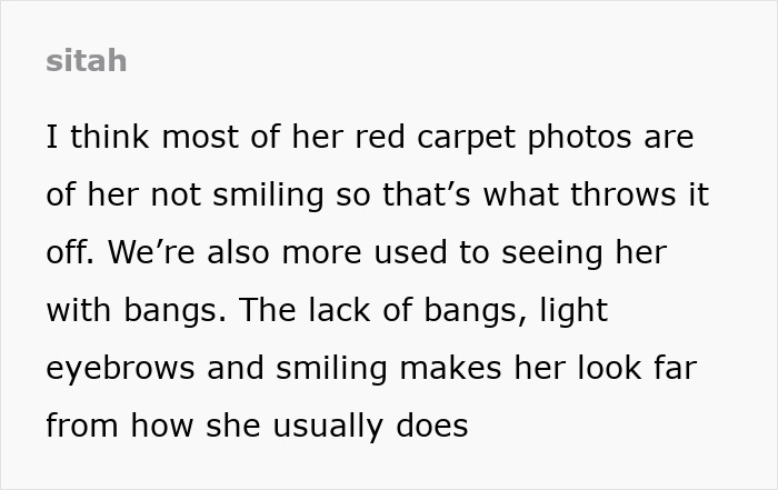 Text about changes in Jenna Ortega's appearance, mentioning light eyebrows and a smile differing from usual looks.