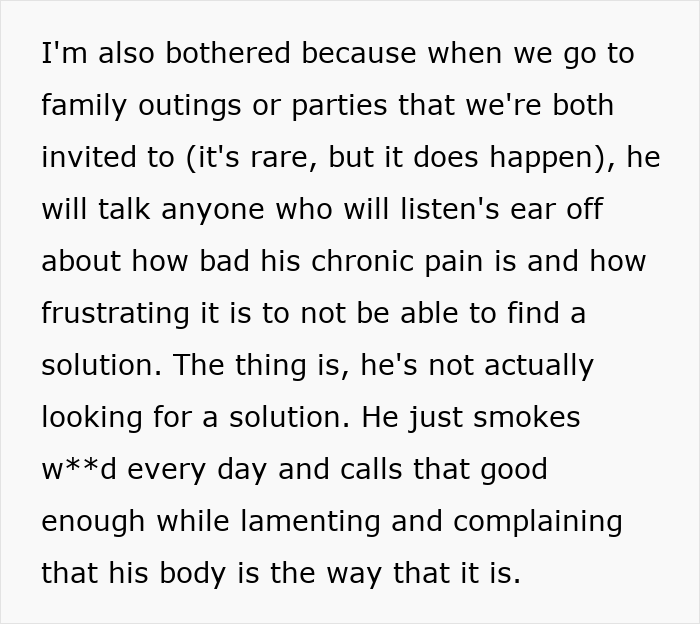 Text about a guy discussing chronic pain and avoiding solutions while socializing.