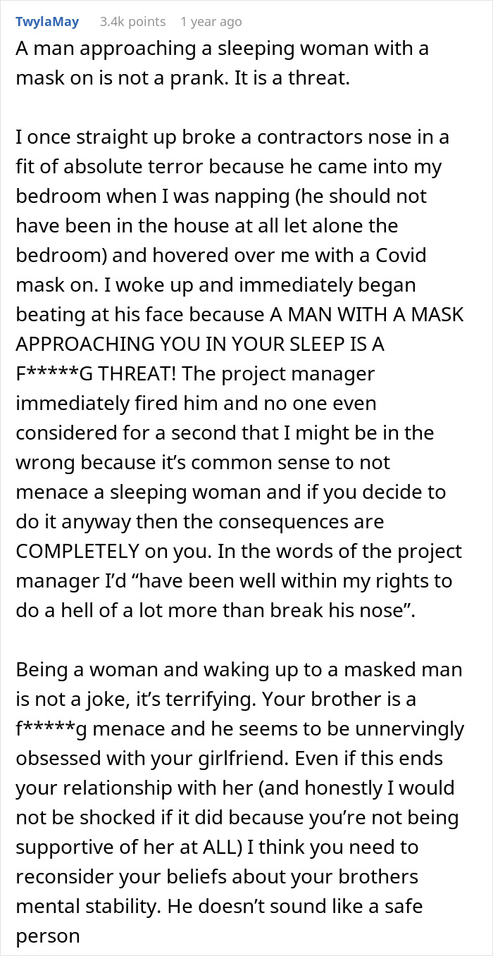 Text screenshot discussing a man's family wanting him to leave his girlfriend after she confronts a brother's prank.