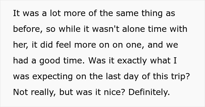 Text discussing limited alone time during a long-distance trip with girlfriend.