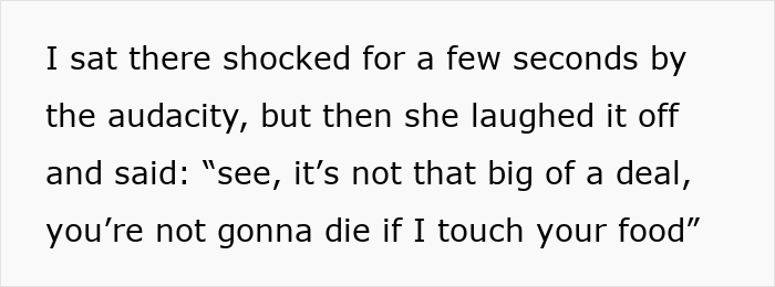 Text image about family dinner, showing disagreement over touching someone&rsquo;s food.